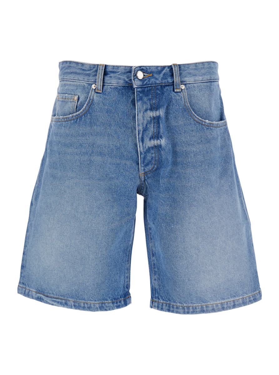 Light Blue Bermuda Pants With Wide Leg And Logo Patch On The Rear In Denim Man