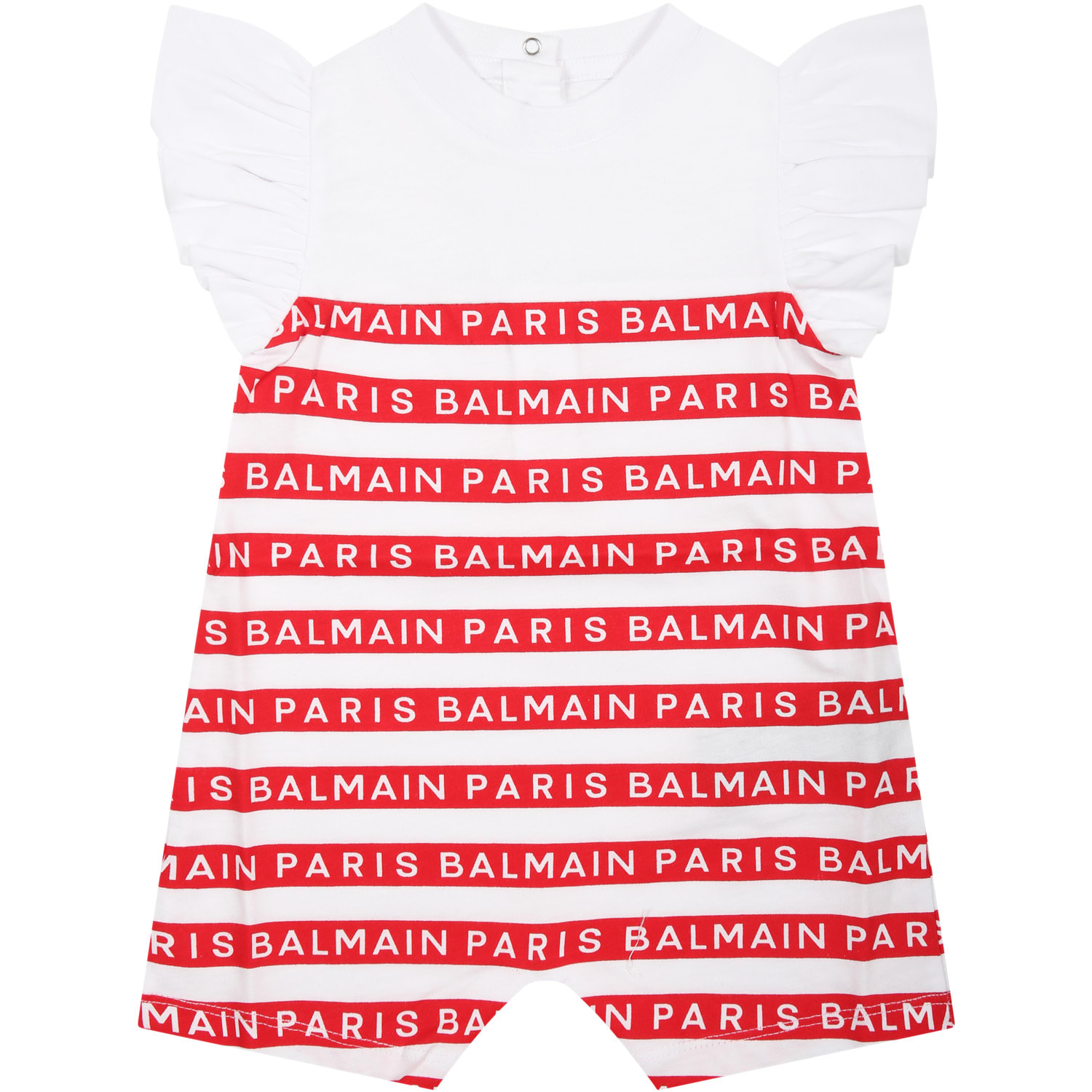 Balmain White Romper For Baby Girl With Red Stripes And Logo