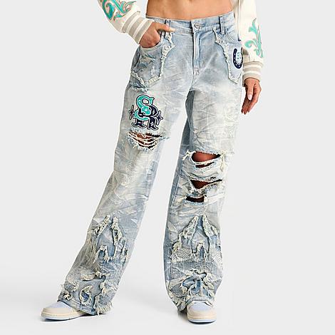 Smoke Rise Women's Alex Wide-Leg Rigid Denim Pants in Light Wash/Denim Size: Medium