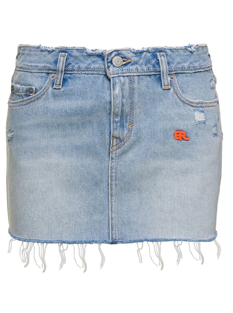 Light Blue Mini-Skirt With Logo Patch And Raw Edge In Cotton Denim Woman Erl