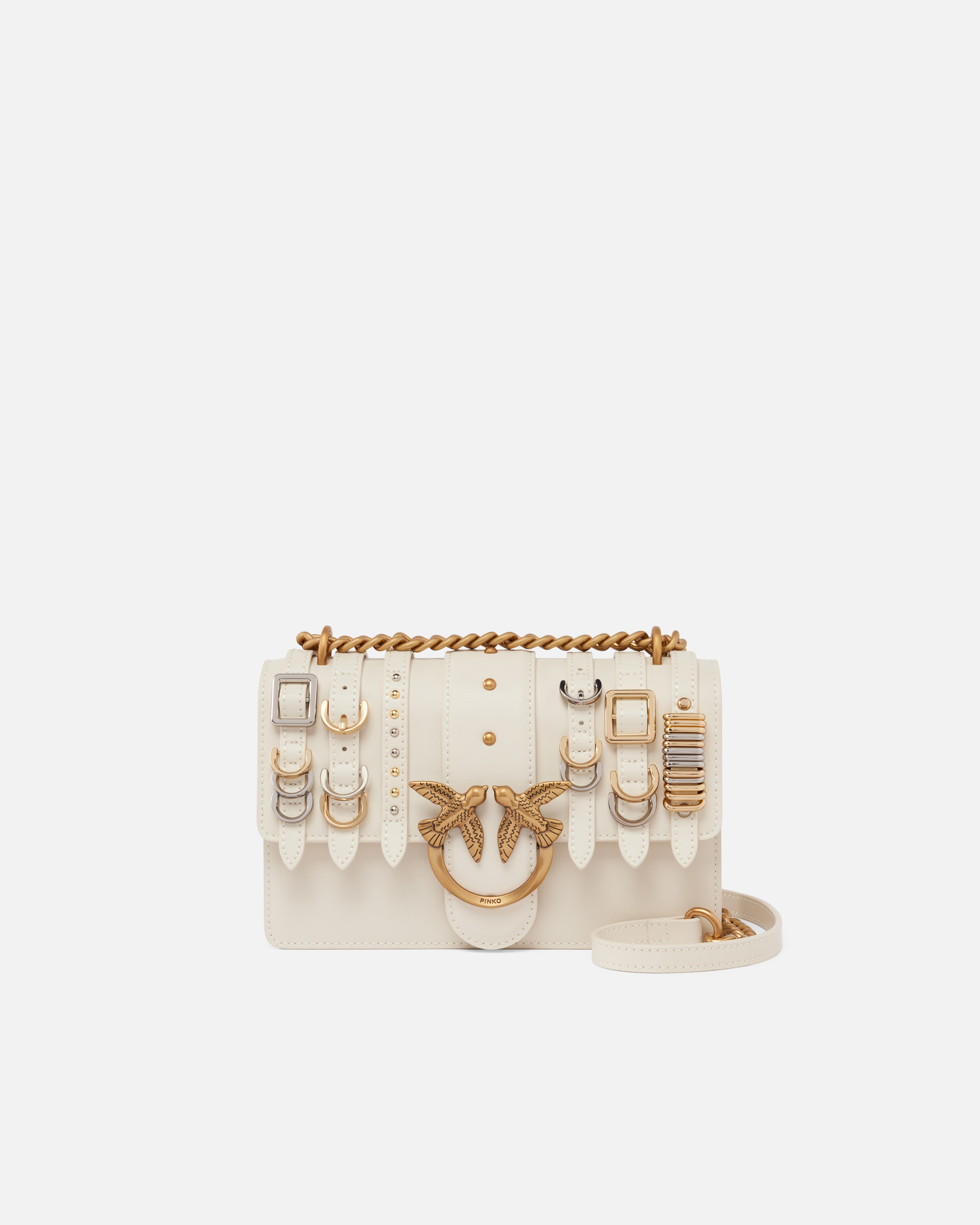 Pinko, Petit sac à bandoulière et sangles Love Bag en cuir, White silk-mix gal. gold-nikel, U