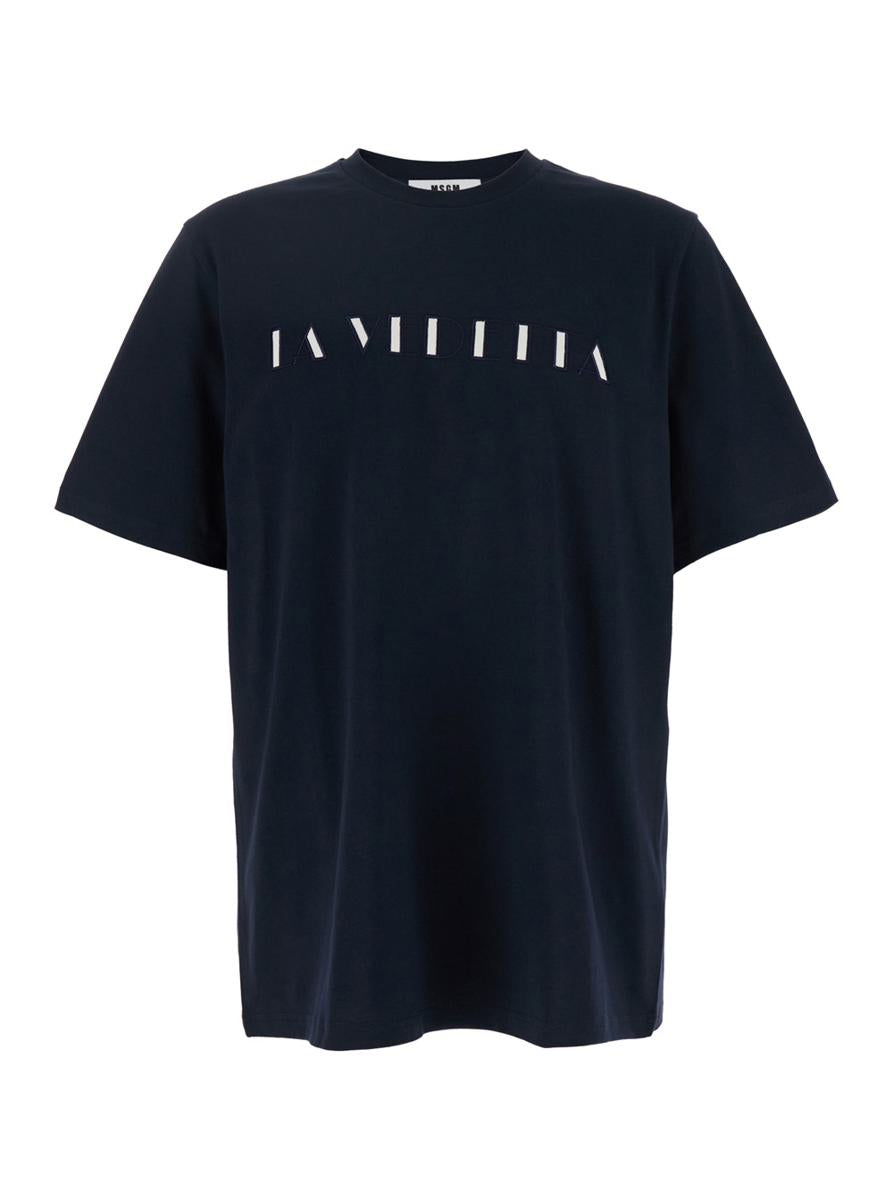 Blue Crewneck T-Shirt With Print On The Front In Cotton Man