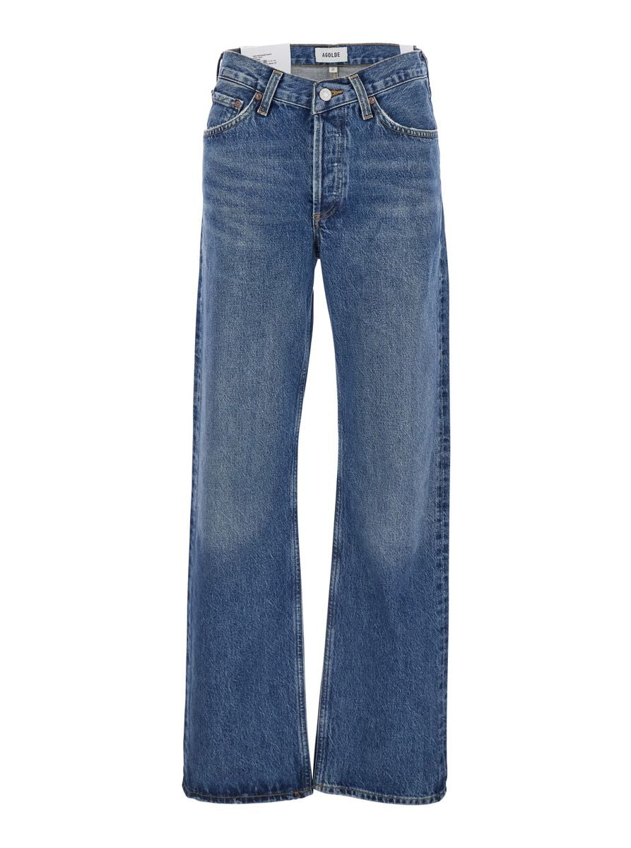 Blue Jeans With Beltl Loops And Logo Patch On The Rear In Denim Woman