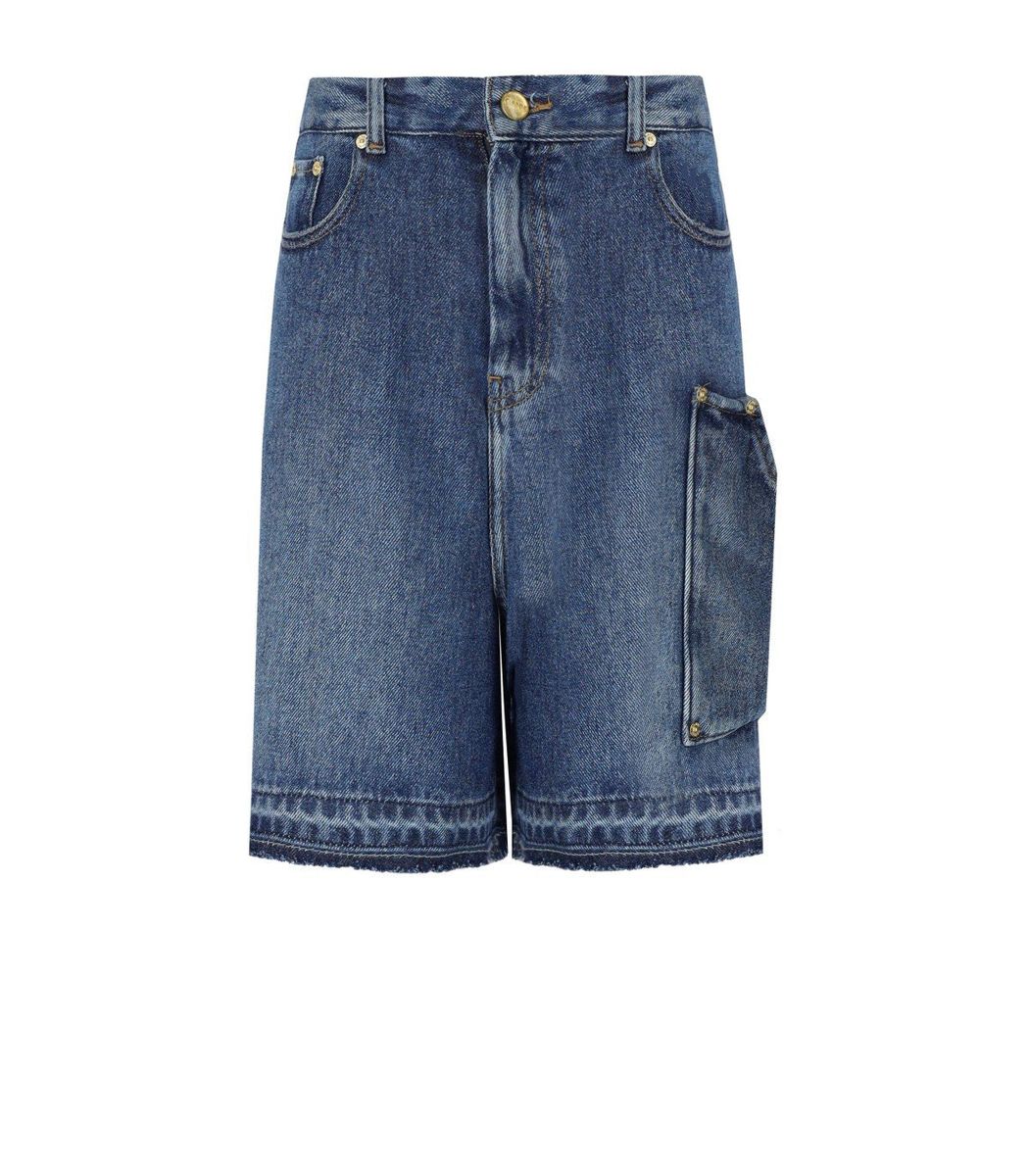 Blue Shorts With Belt Loops And One Front Patch Pocket In Denim Woman