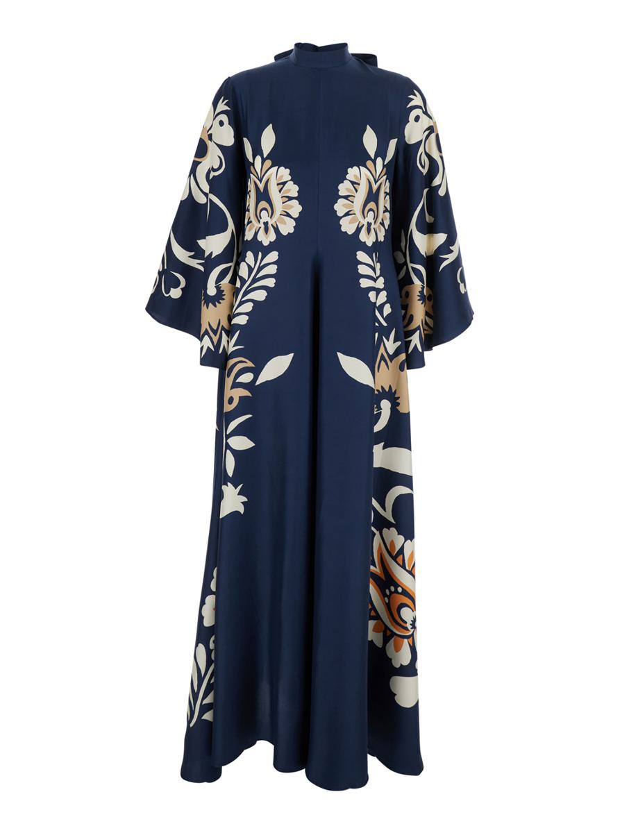 Multicolor Long Dress With V-Neck And Floral Motif In Silk Woman