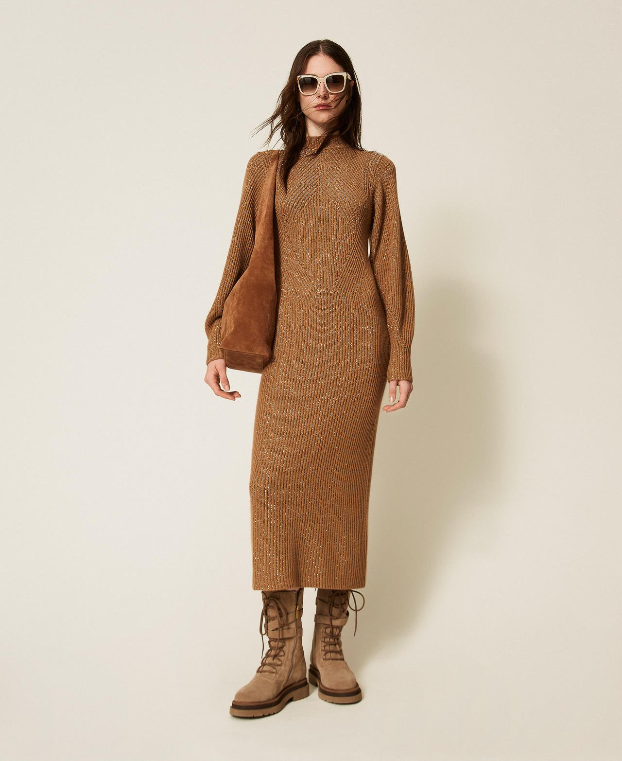 Twinset Robes - Robe longue en maille de laine mélangée avec lurex, Bicolore Marron « Alpaga »/Alpaga Lurex, Taille: L