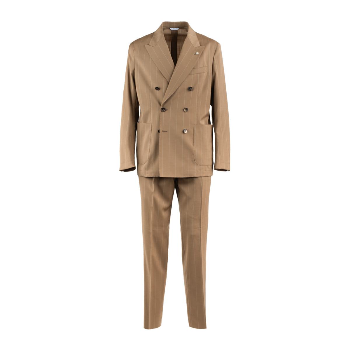 Manuel Ritz Beige Natural Stretch Wool Pinstripe Double-Breasted Suit