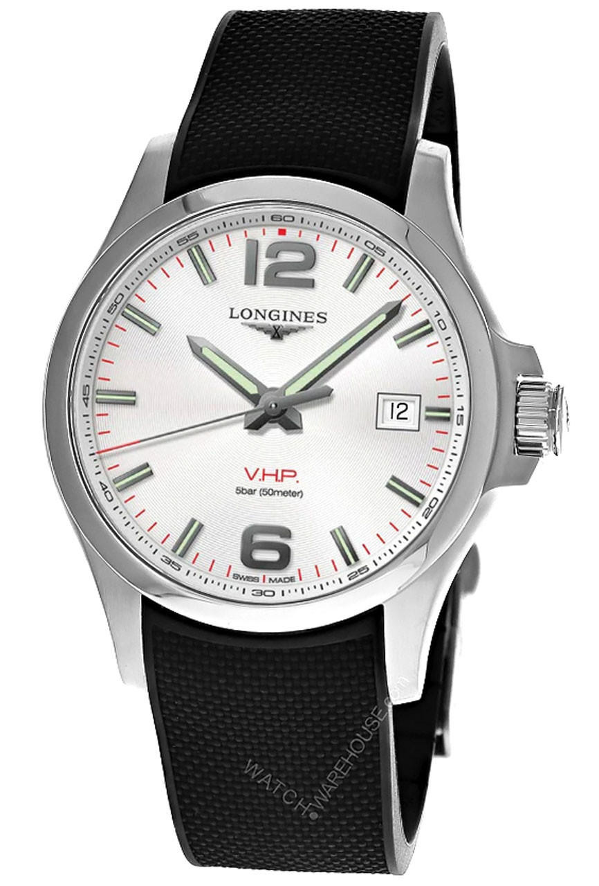 LONGINES Conquest V.H.P 43MM Quartz Silver Dial Rubber Men's Watch L3.726.4.76.9 / L37264769