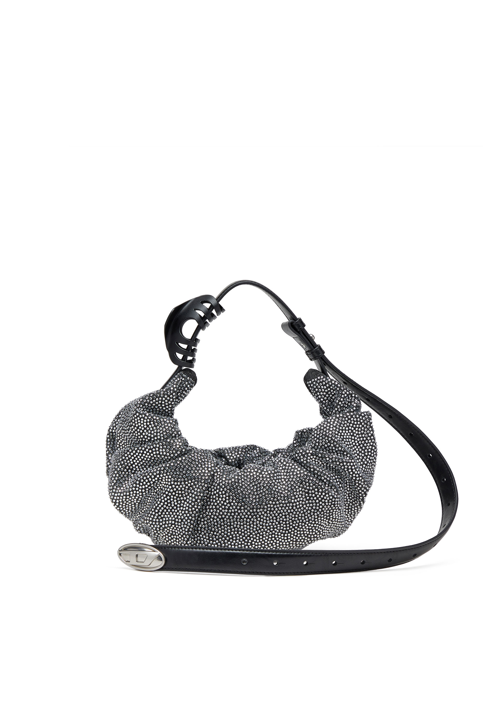 Diesel - Grab-D S-Small scrunched hobo bag in crystal denim - Shoulder Bags - Woman - Black