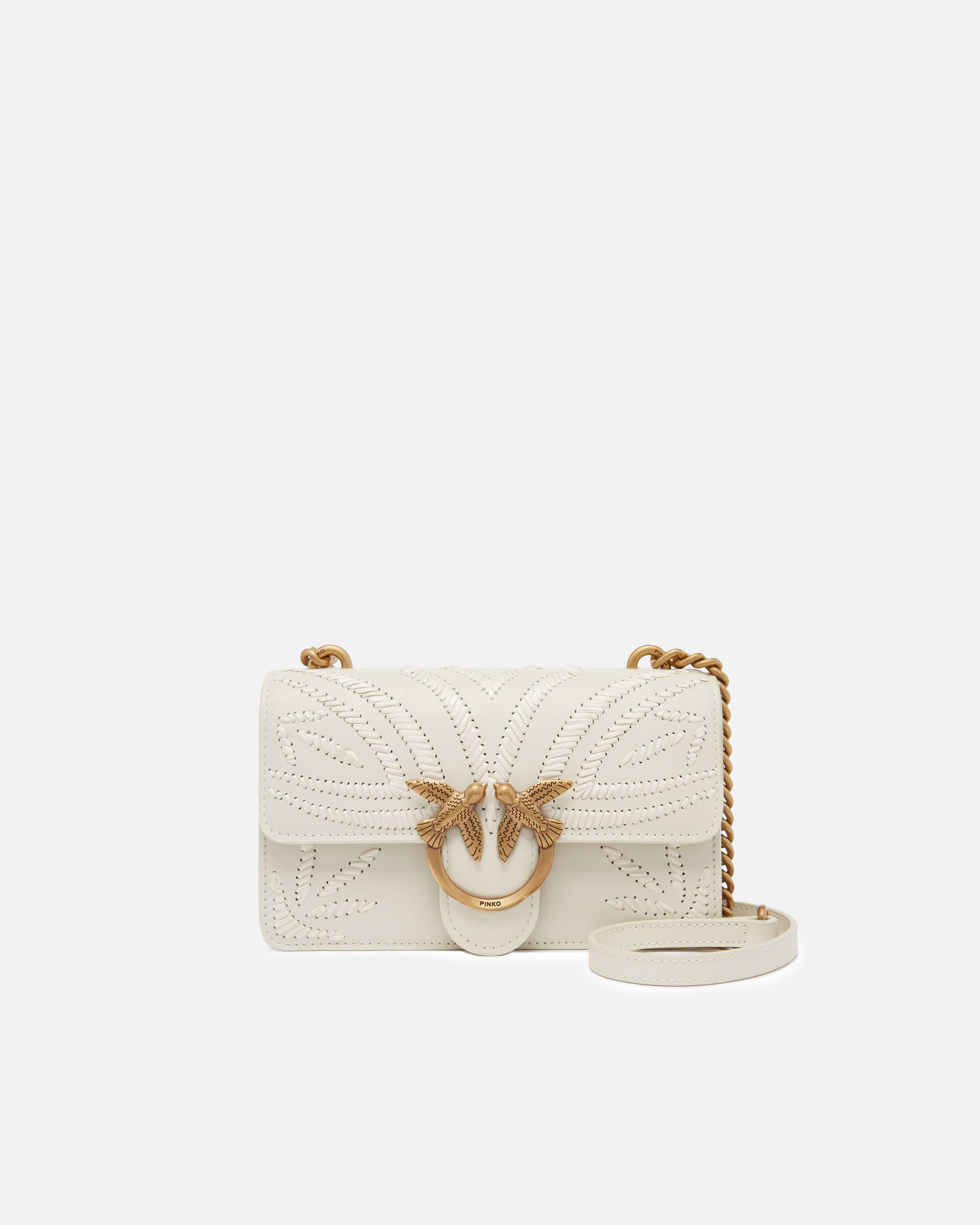 Pinko, Petit sac à bandoulière Mini Love Bag avec broderie en raphia, Blanc+blanc-or antique, U