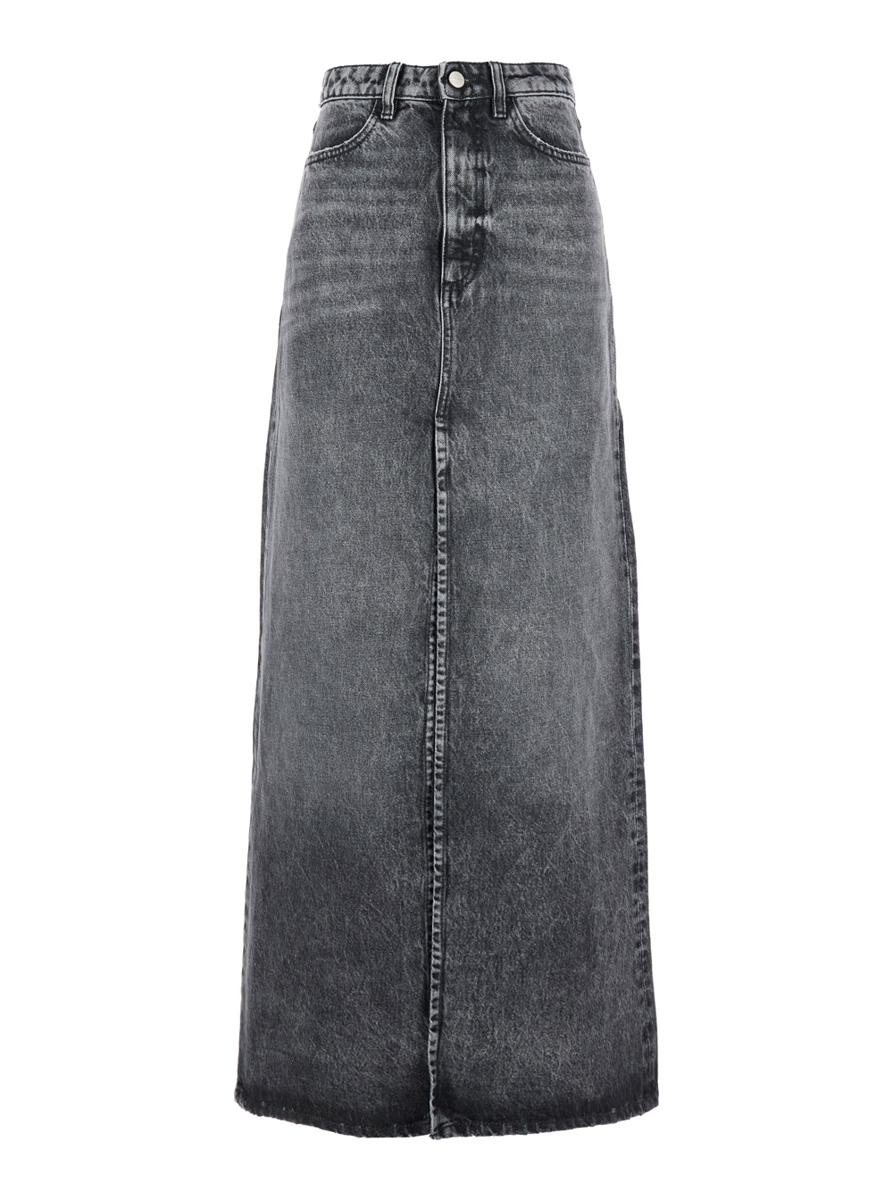 Grey High Waist Long Skirt With Logo Patch On The Rear And Logo Detail On The Rear In Denim Woman