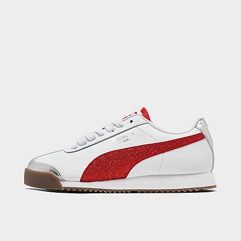 PUMA Girls Big Kids Roma 24 Holiday Glitz Casual Shoes in Puma White/For All Time Red/Puma Silver Size: 4.0