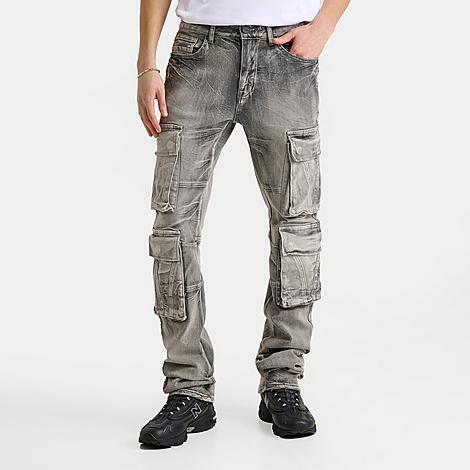 Smoke Rise Men's Stacked Utility Cargo Denim Jeans in Union Grey Size: 30