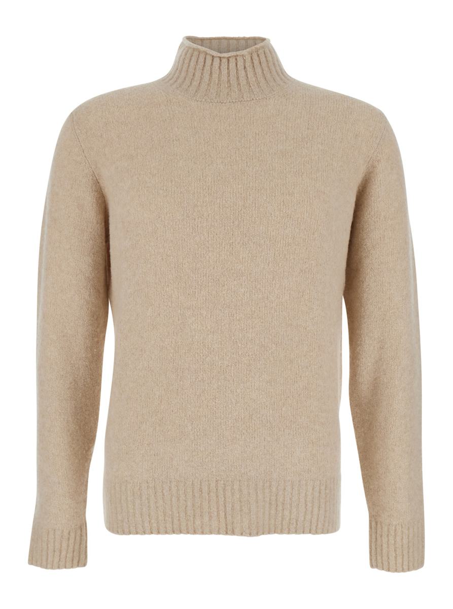 Beige Turtle Neck Sweater In Wool Man