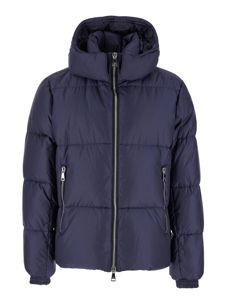 'Grami' Blue Down Jacket With Hood And Logo Patch In Tech Fabric Man