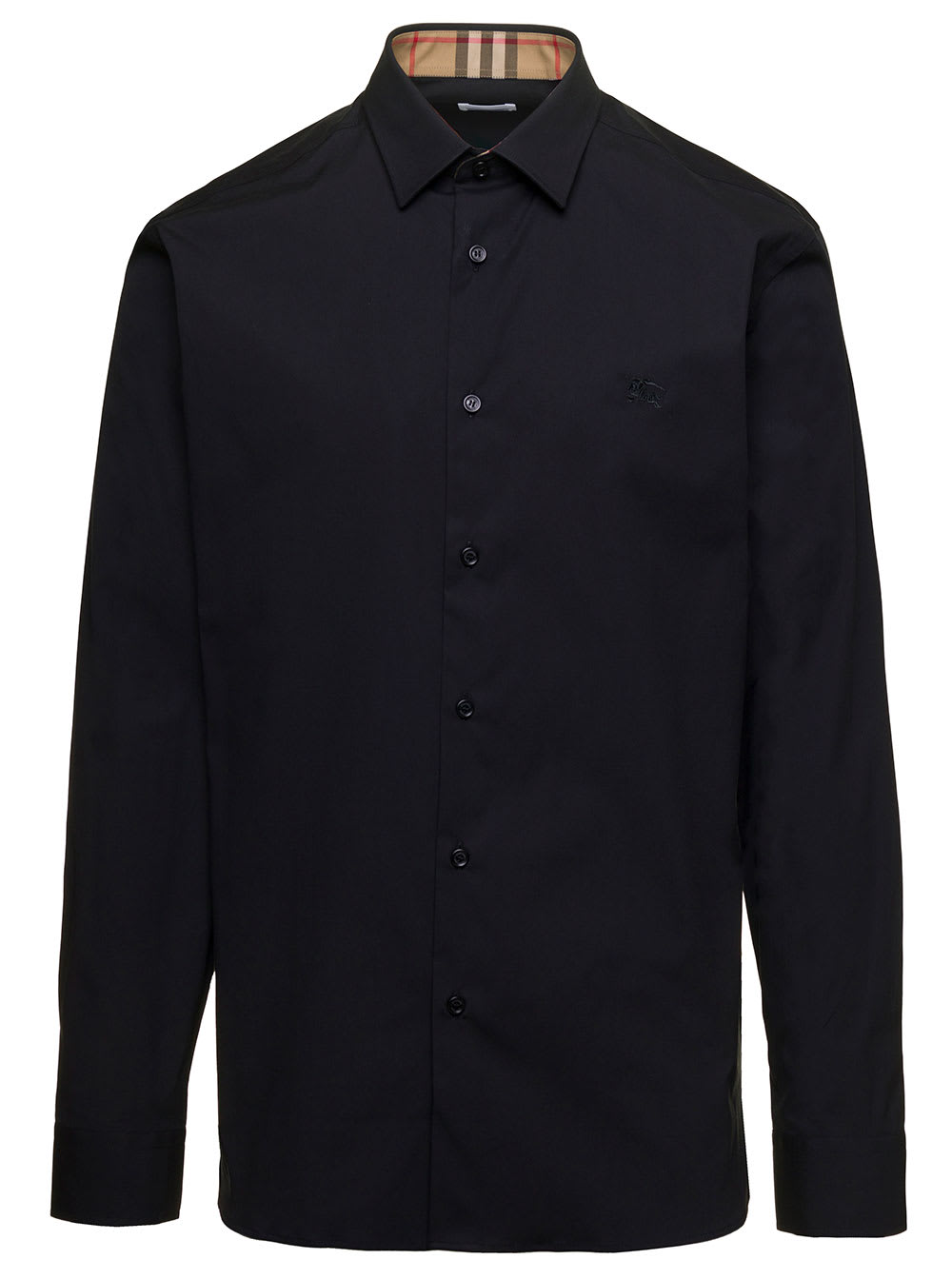 Burberry Black Long Sleeve Shirt With Tonal Logo Embroidery In Stretch Cotton Man