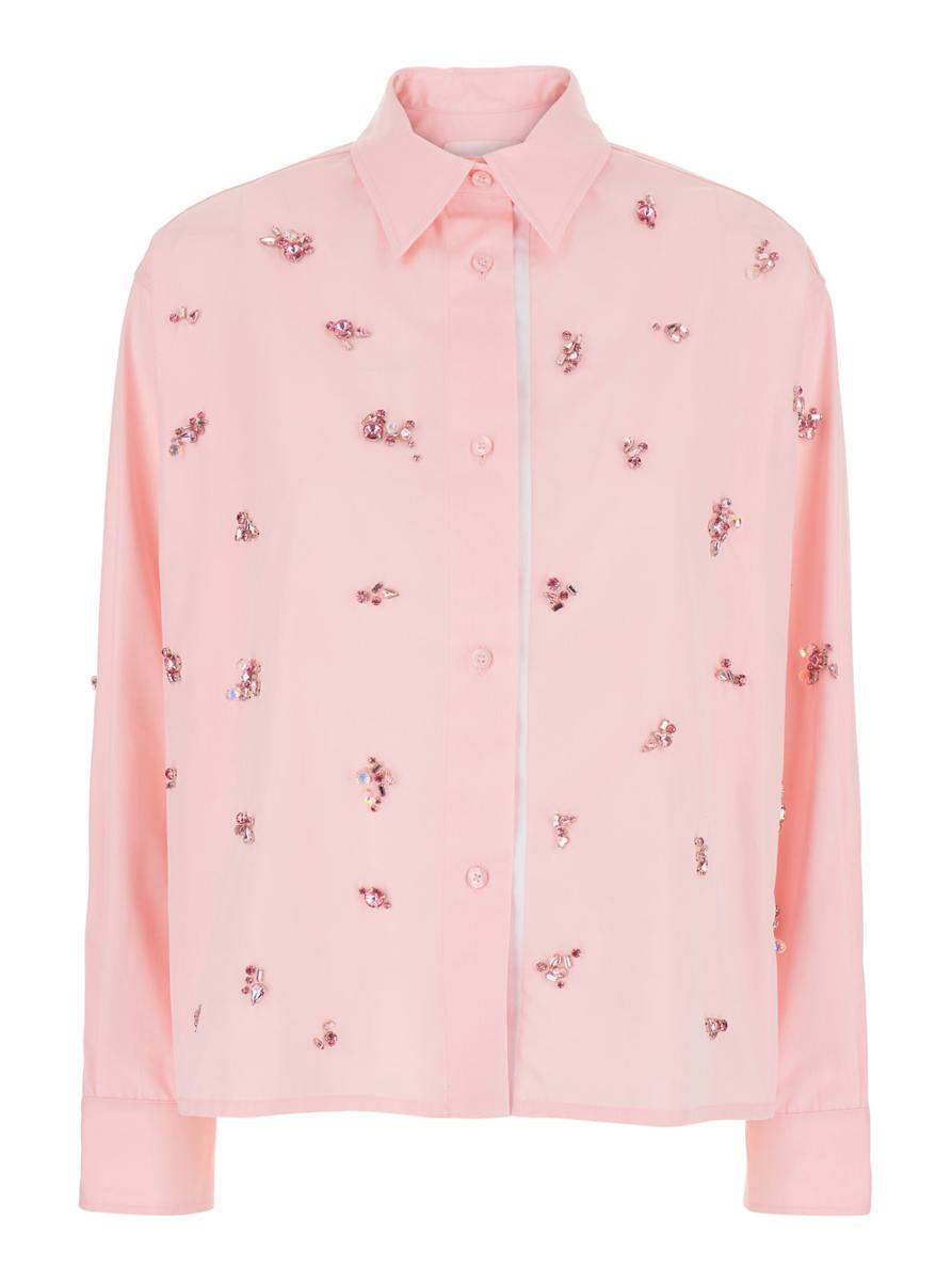 Pink Shirt With Classic Collar And Embellishments On The Front In Cotton Woman