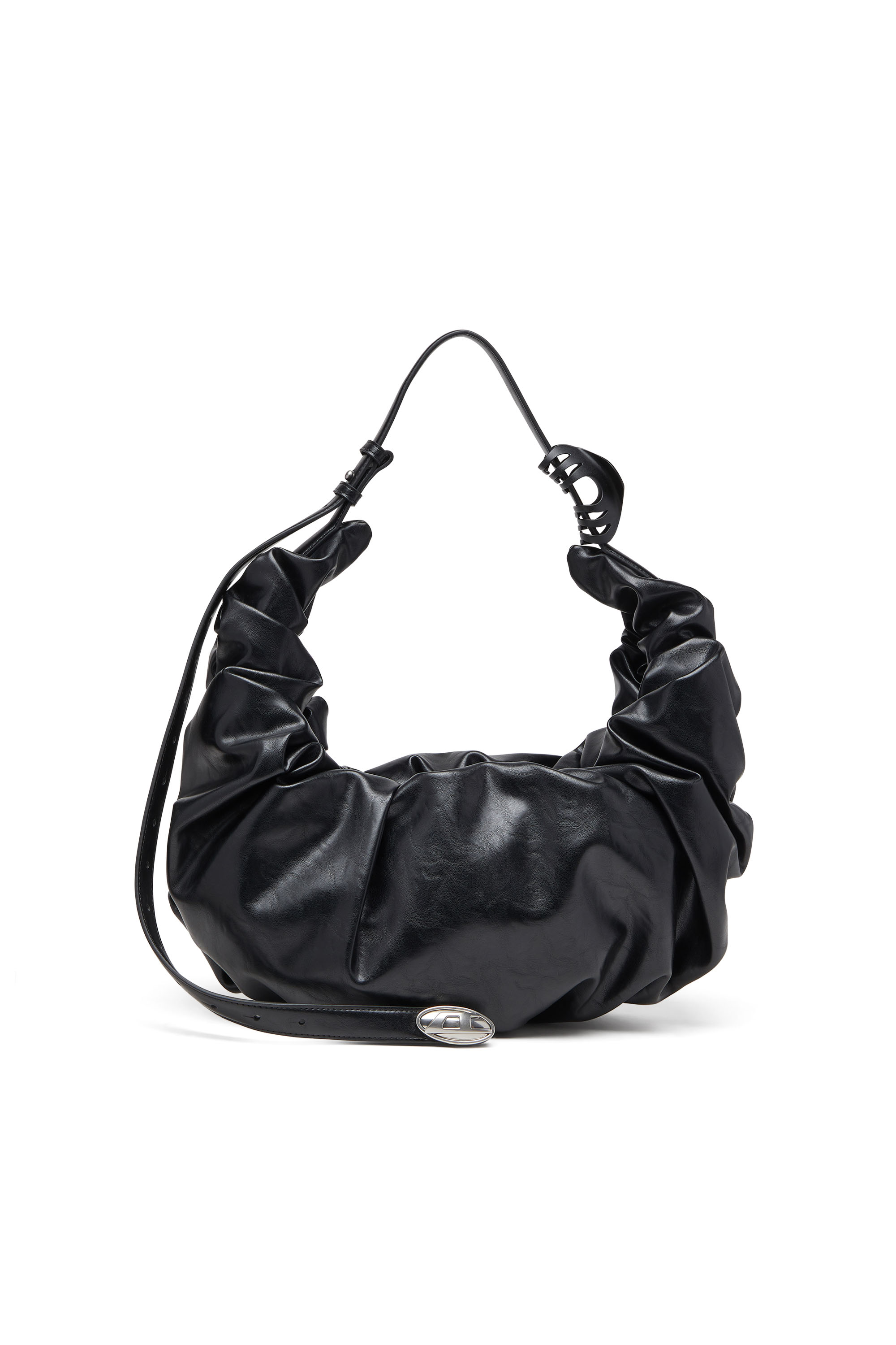 Diesel - Grab-D L-Large scrunched hobo bag in shiny PU - Shoulder Bags - Woman - Black
