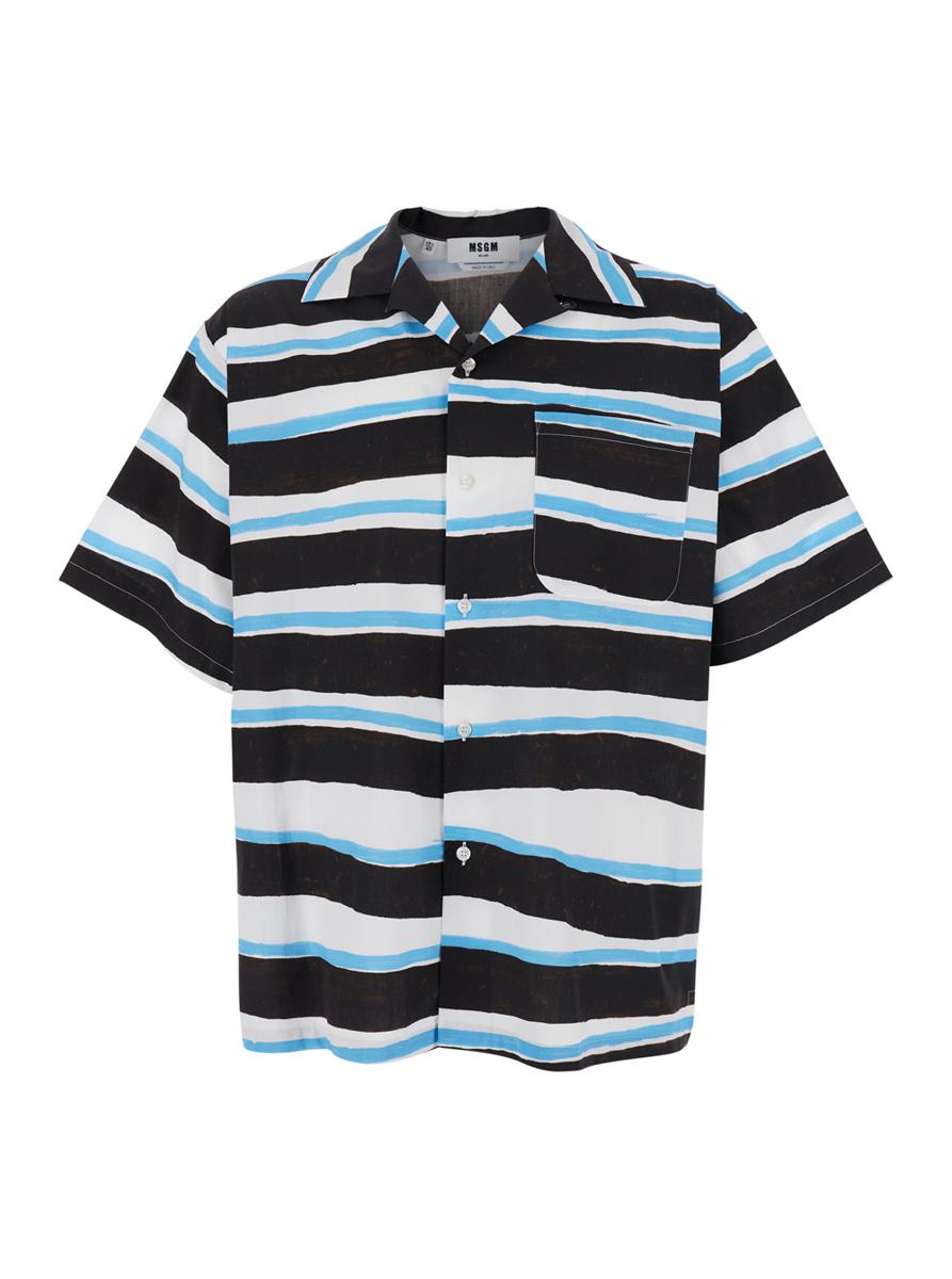 Blue Shirt With All-Over Asymmetric Striped Motif In Cotton Man