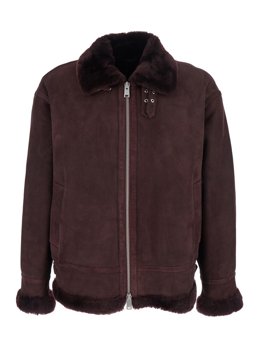 'Sano' Bordeaux Shearling Jacket With Belt Detail And Fur Trims In Suede Woman