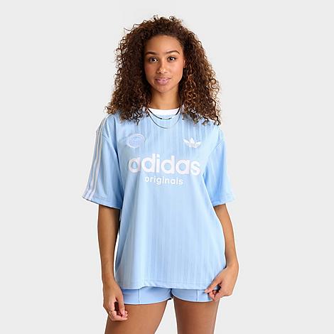 adidas Women's Originals 3 Stripes Oversized Soccer Jersey T-Shirt in Clear Sky Size: XS