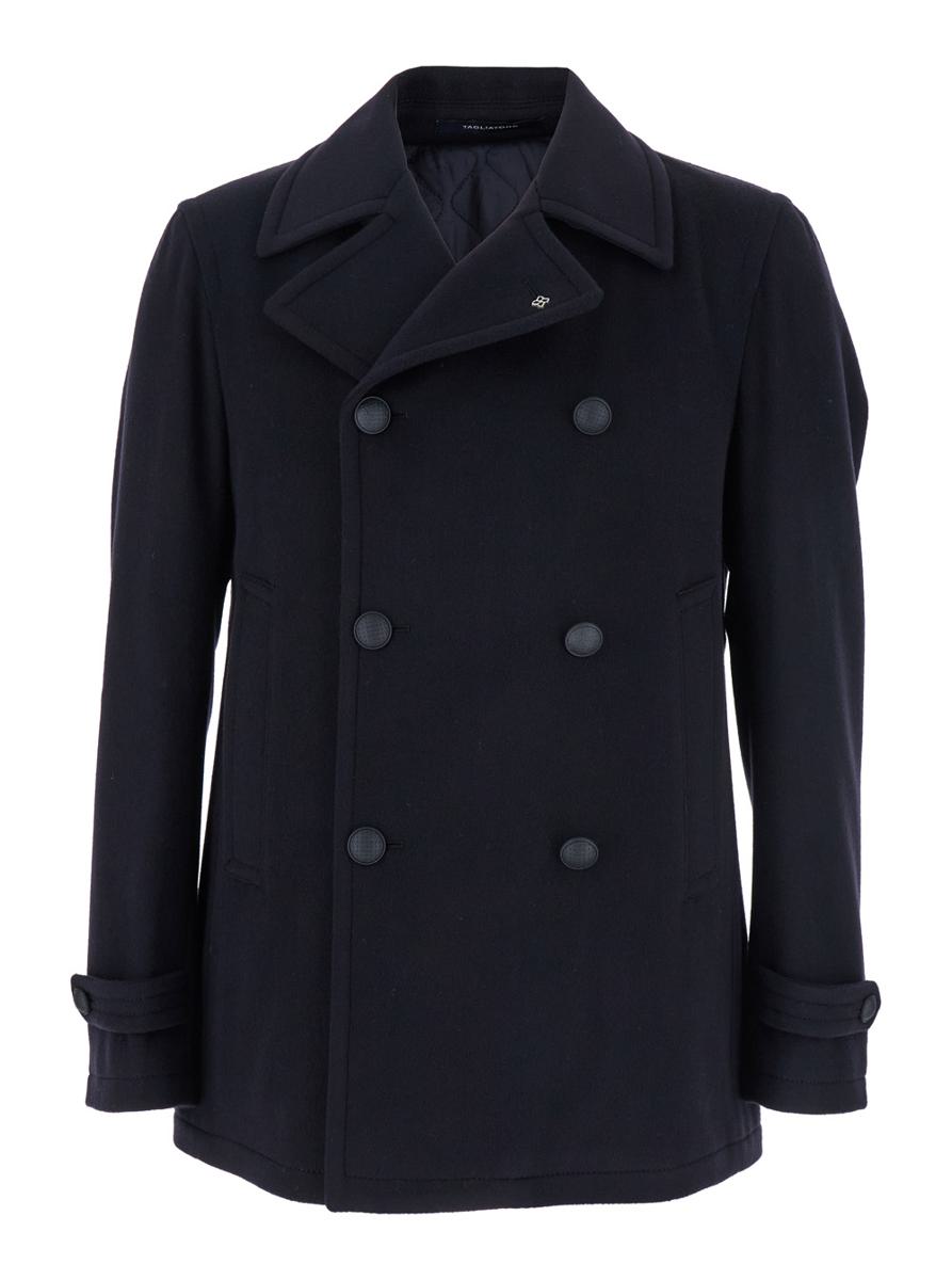 Blue Double-Breasted Coat With Wide Notched Revers In Wool Blend Man