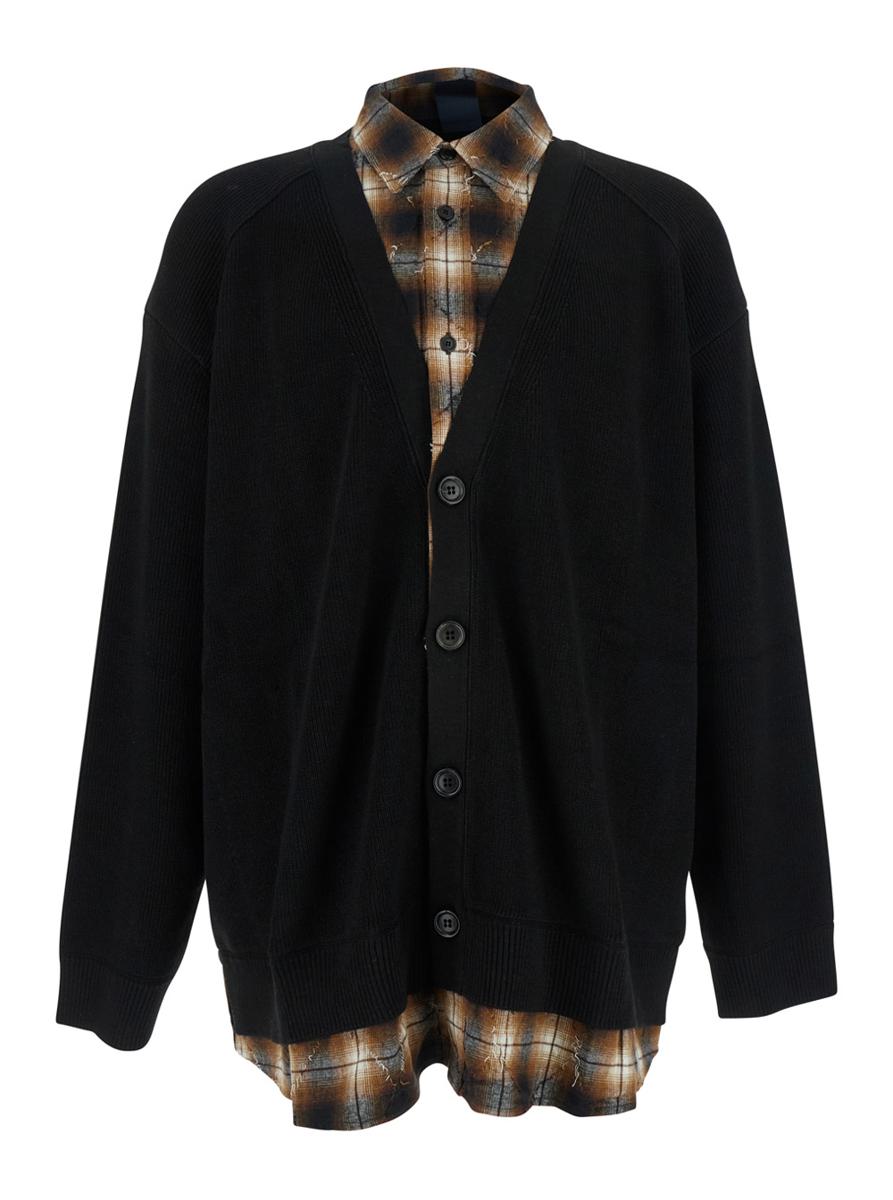 Black Sweater With Layered Design And Classic Collar In Cotton And Wool Blend Man