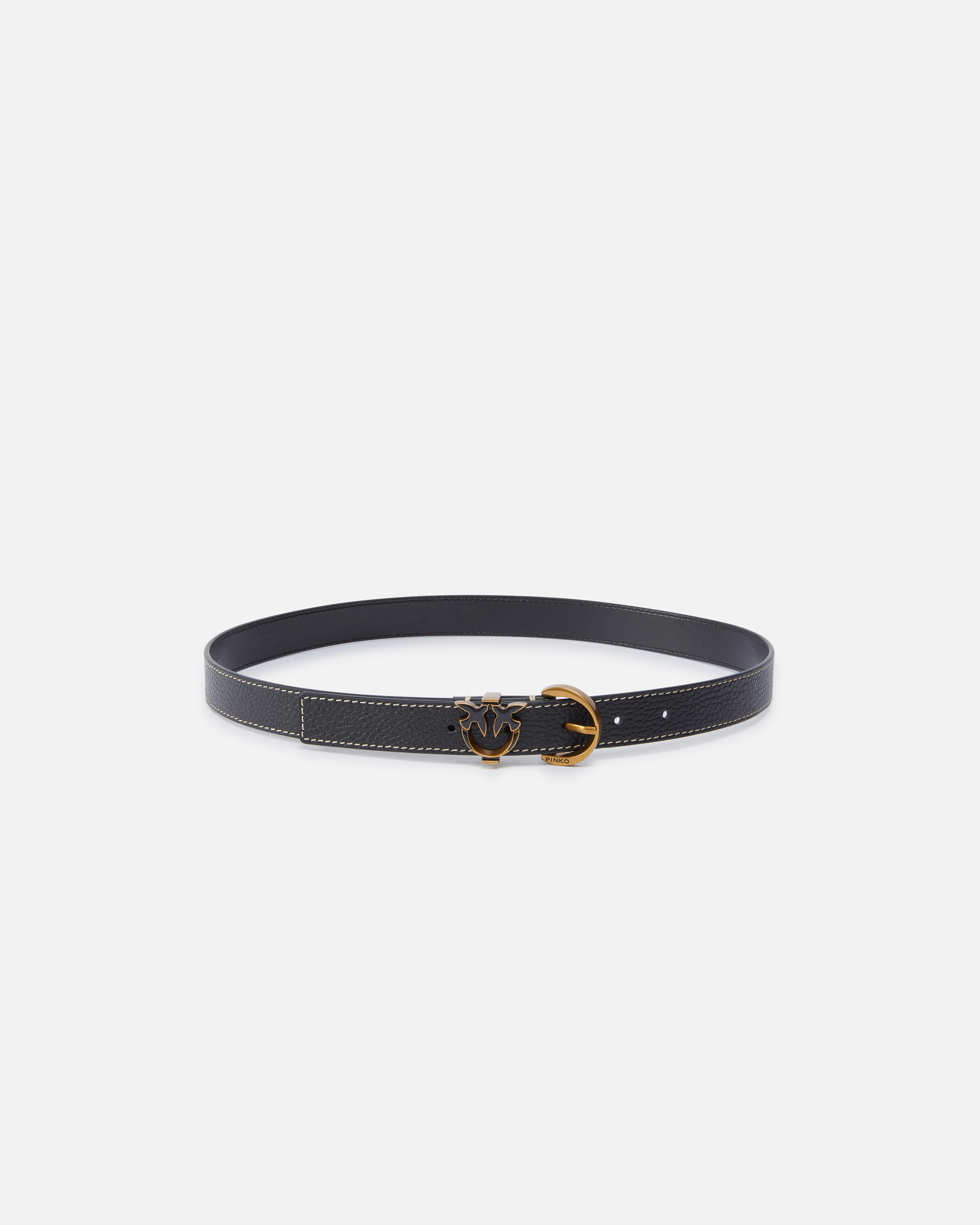 Pinko, Ceinture en cuir foulonné avec détail Love Birds 2,5 cm, Noir-vieil or, XS
