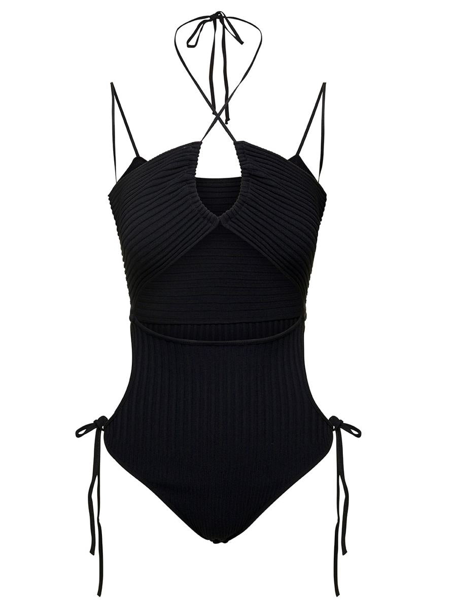 Black Ribbed Body-Suit With Cut-Out Detail And Halterneck In Viscose Blend Woman