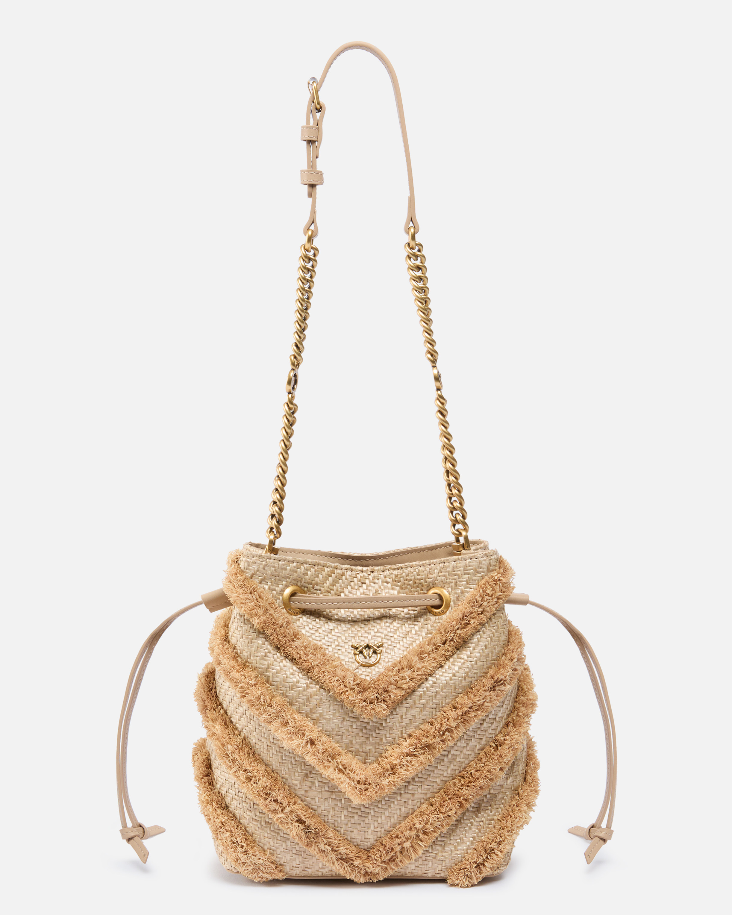 Pinko, Petit sac seau à bandoulière en raphia à franges, Beige-gris fumée-or antique, U