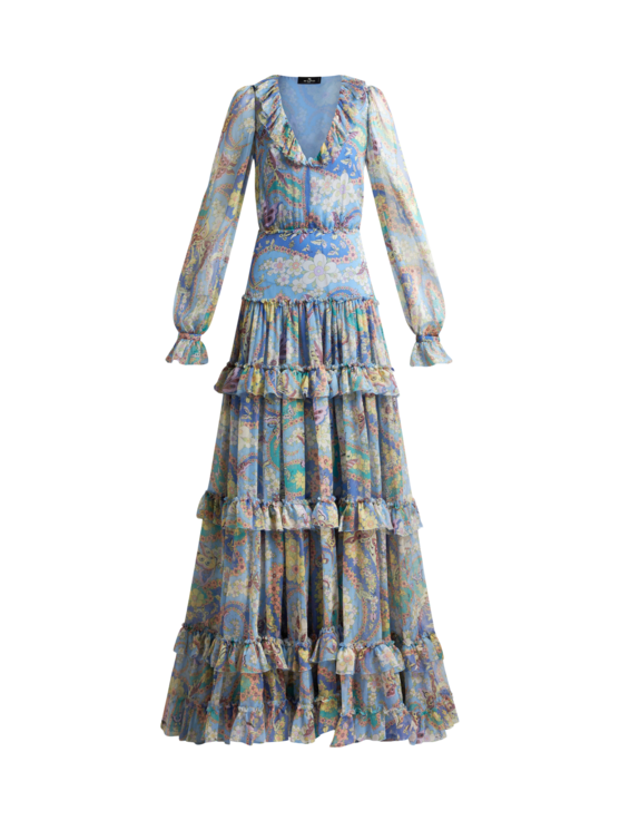 Etro, Robe Longue En Soie Imprimée, Femme, Bleu, Taille 38