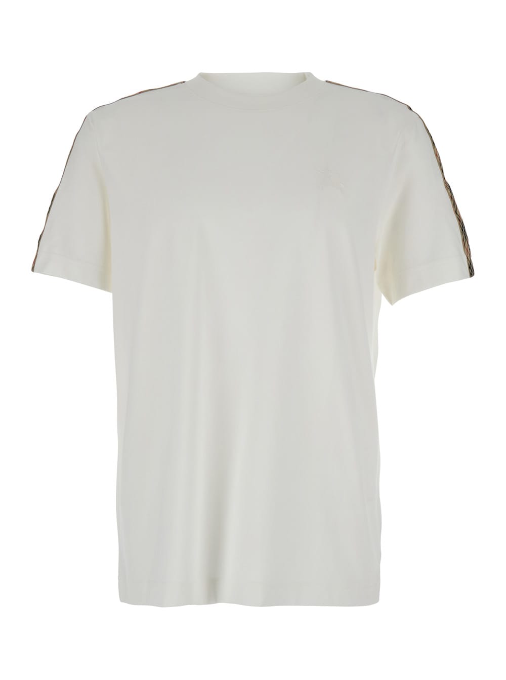 Burberry White Crewneck T-shirt With Check Motif On The Sleeve And Ekd Logo Embroidery On The Front In Cotton Man
