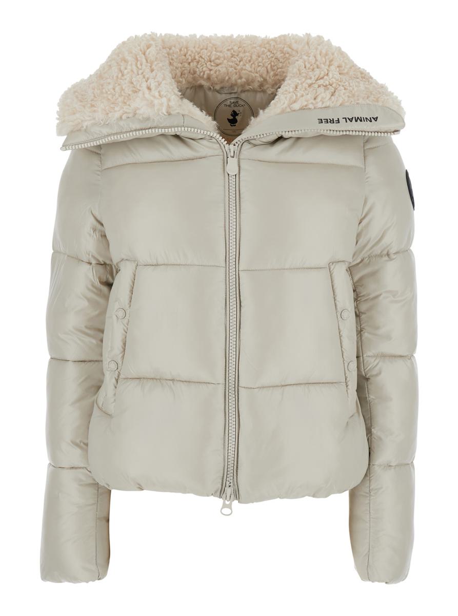 'Moma' Beige Down Jacket With Fur Collar And Logo On The Sleeve In Tech Fabric Woman