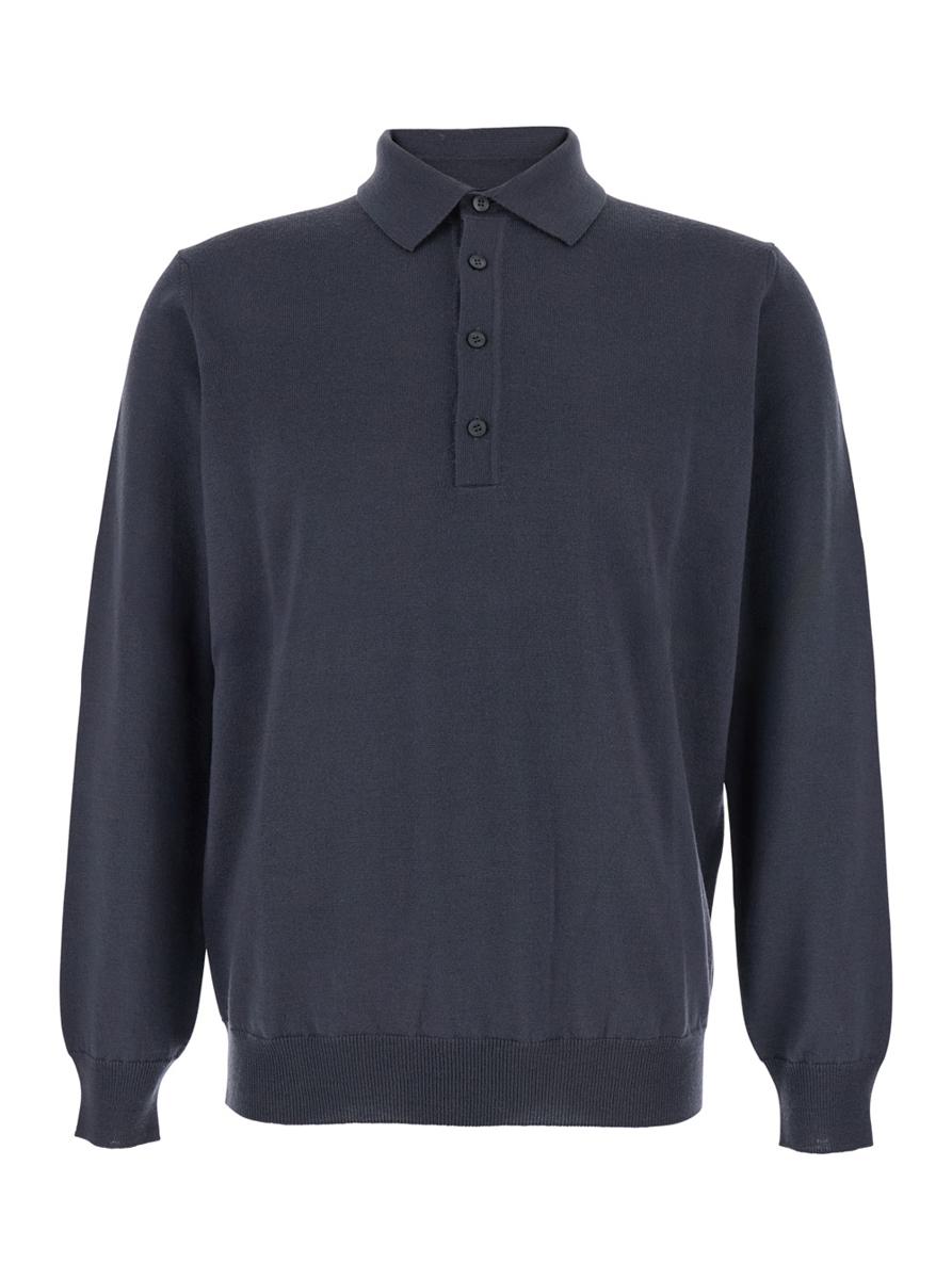 Grey Polo Shirt With Classic Collar And Ribbed Trims In Wool Man