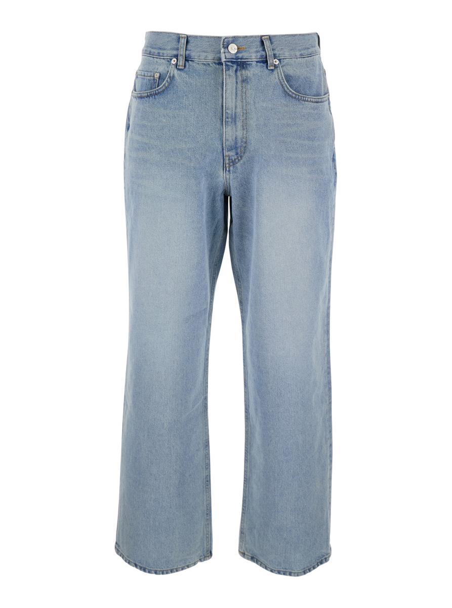 Light Blue Five Pocket Jeans With Logo Patch On The Back In Denim Man