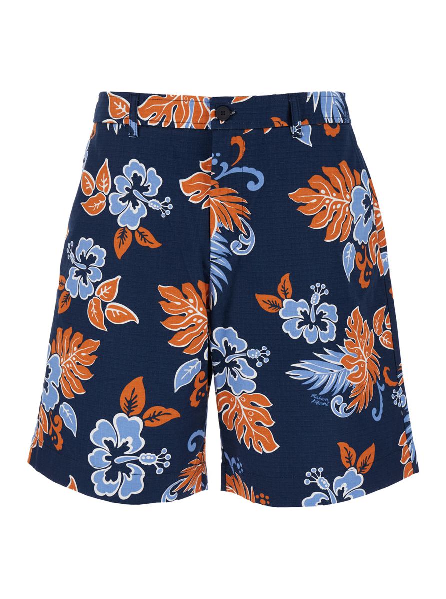 Blue Bermuda Shorts With Floral Print In Cotton Man