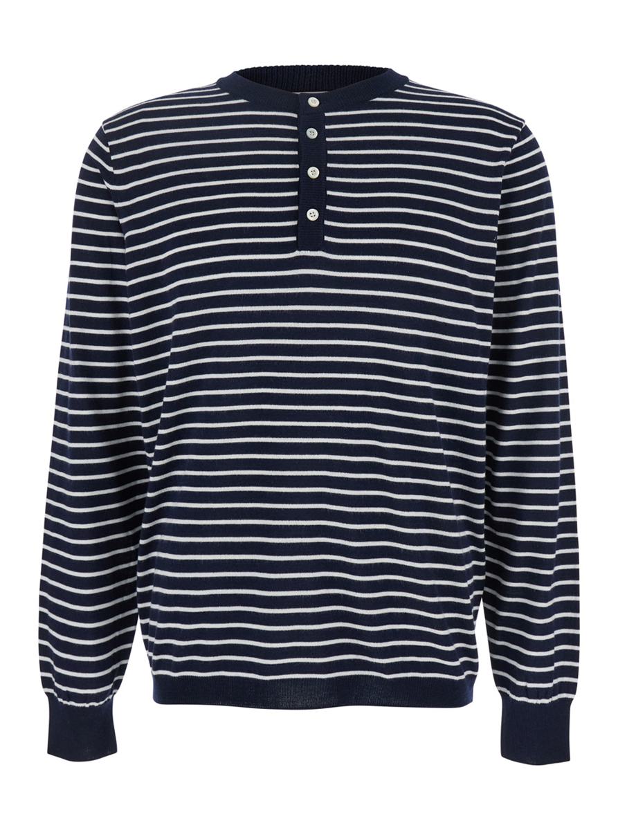 Blue Crewneck T-Shirt With All-Over Striped Motif In Cotton Man