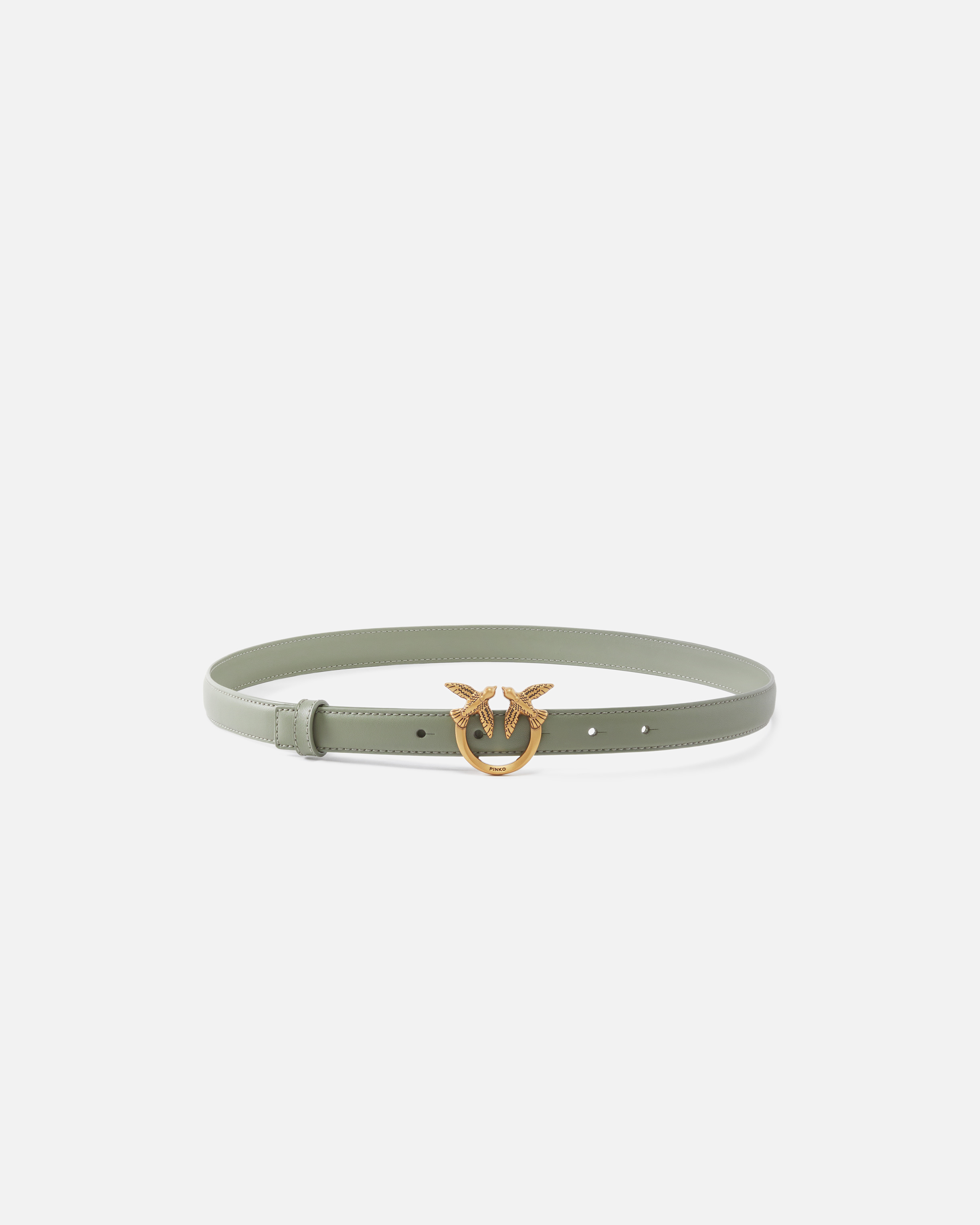 Pinko, Fine ceinture Love Birds en cuir 2cm, Vert vétiver-or antique, XS