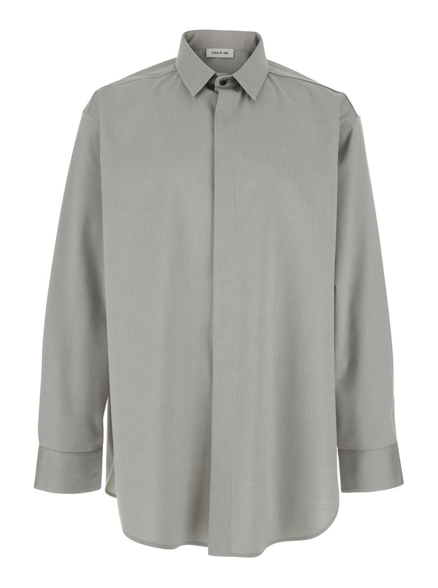 Grey Shirt With Classic Collar And Logo Patch On The Rear In Cotton And Wool Blend Man