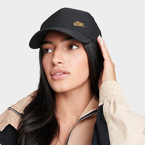 Nike Dri-FIT Club Structured Metal Logo Strapback Hat in Black/Metallic Gold Size: Small/Medium