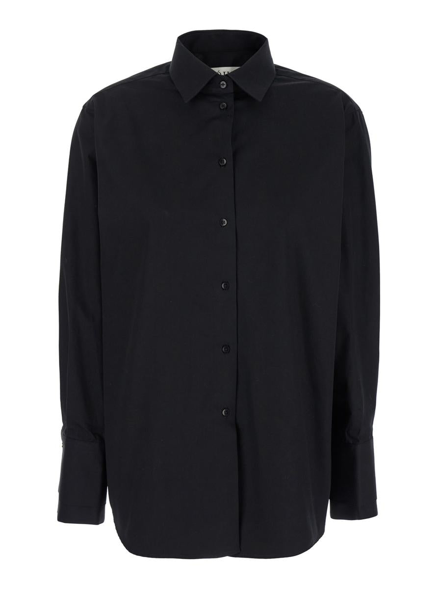 Black Double Cuff Shirt With Gold Colored Details In Cotton Woman