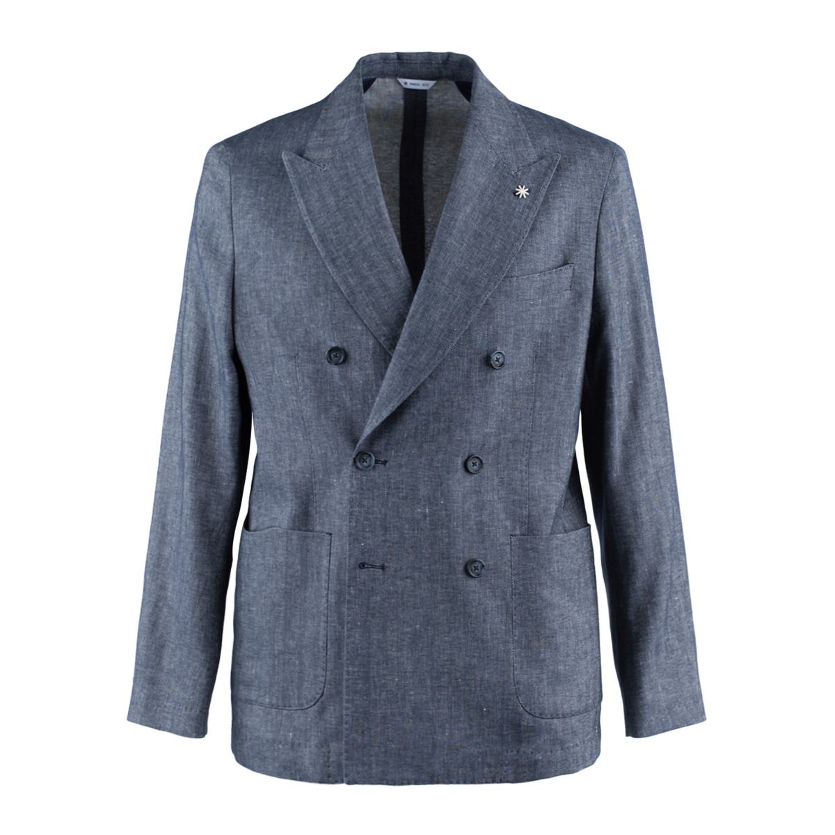 Manuel Ritz Double-Breasted Chevron Linen Cotton Blue Jacket