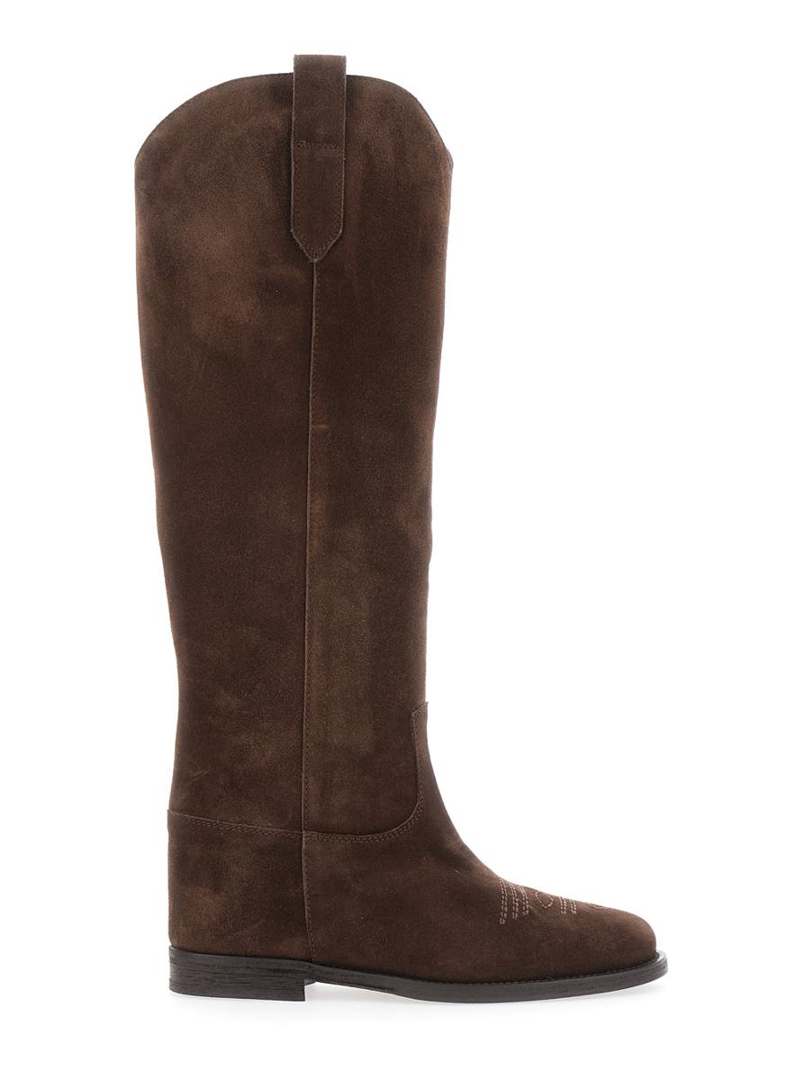 Brown Pointed Boots With Western-Style Shaft And Stitching Detail In Suede Woman