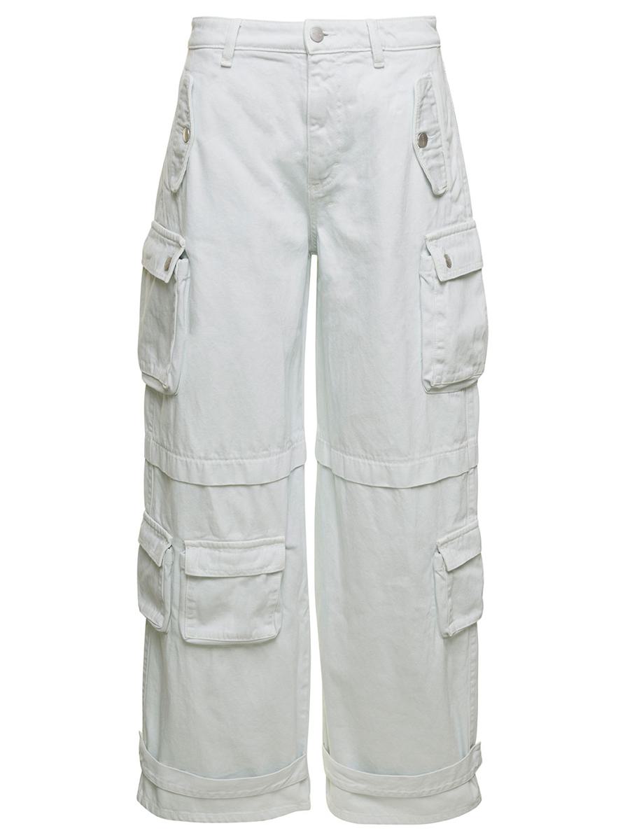 'Rosalia' White Low Waisted Cargo Jeans With Patch Pockets In Cotton Denim Woman