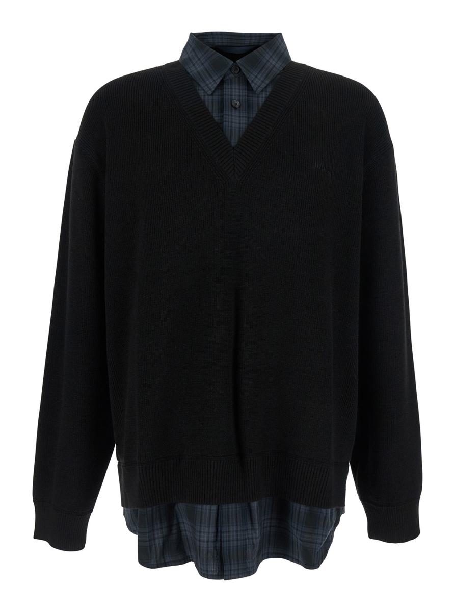 Black Sweater With Layered Design And Classic Collar In Cotton And Wool Blend Man