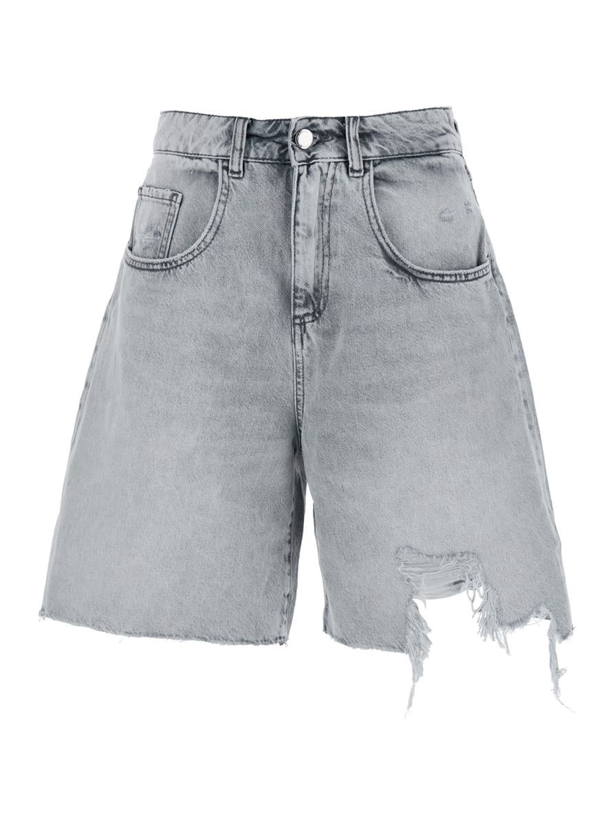 'Lea' Grey Bermuda Pants With Front Ripped Details And Logo Patch On The Rear In Denim Woman