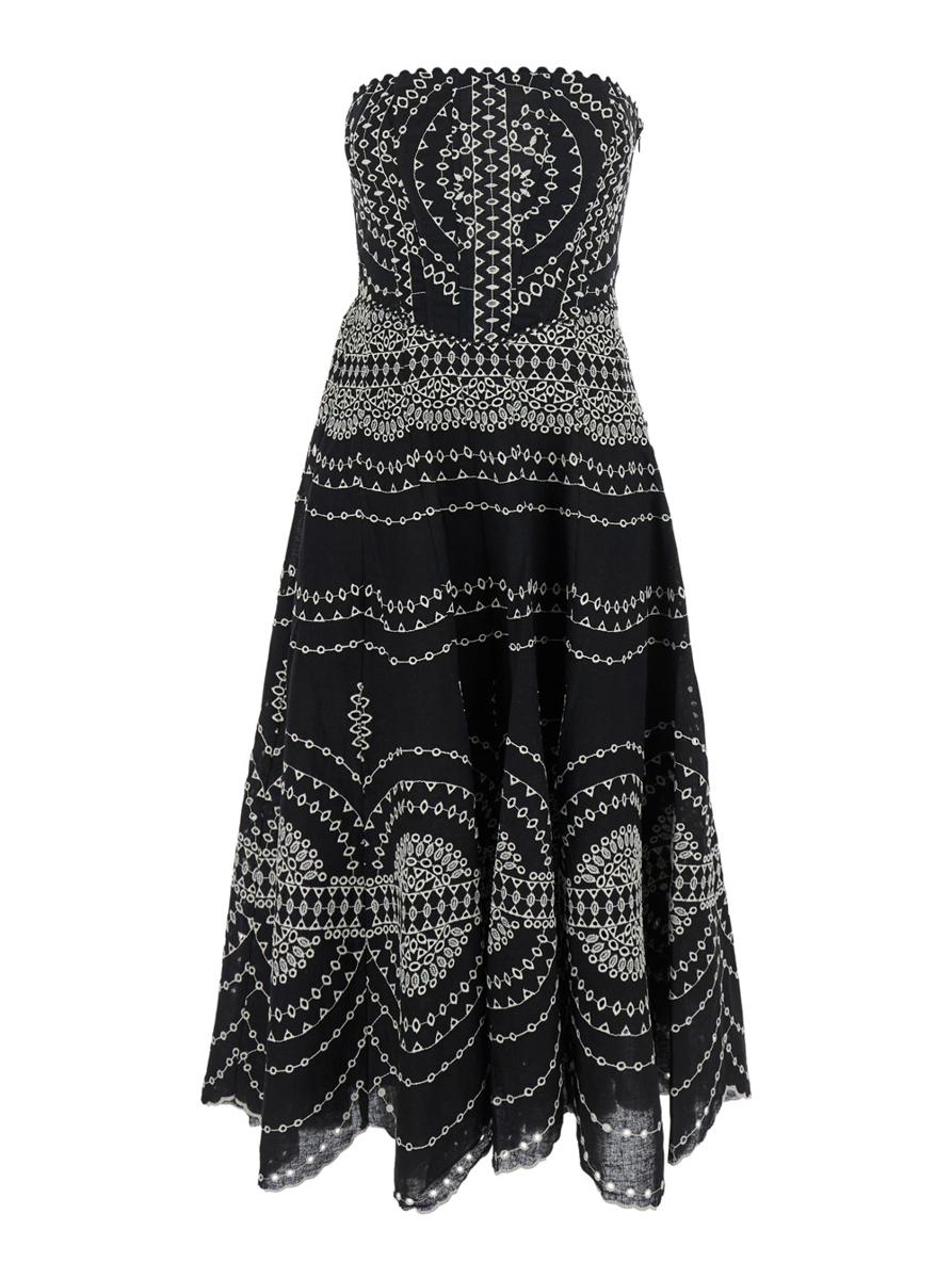 'Iris' Black Long Dress With All-Over Embroideries And Ruffled Skirt In Cotton And Linen Blend Woman