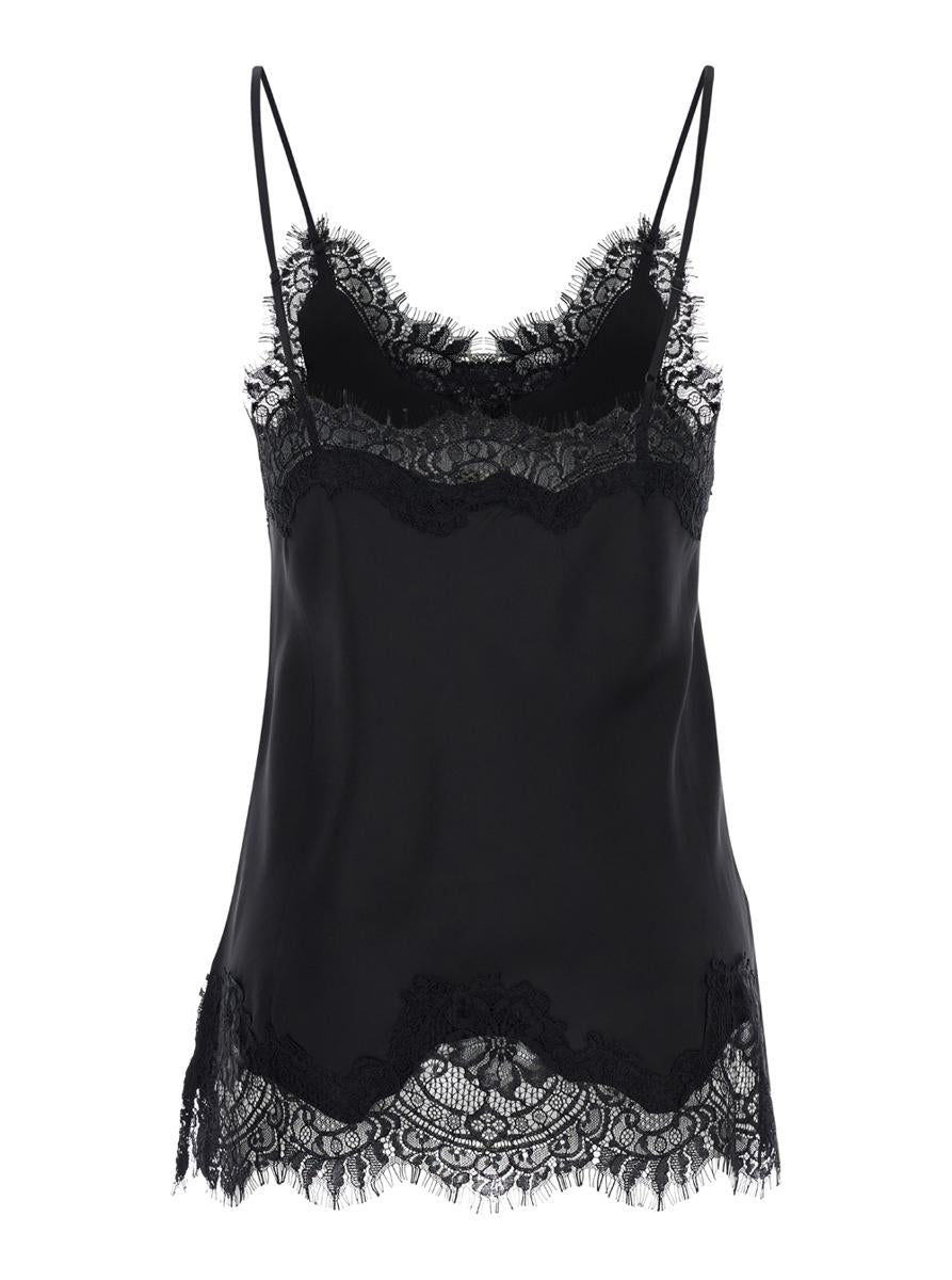 'Coco' Black Camie Top With Tonal Lace Trim In Silk Woman