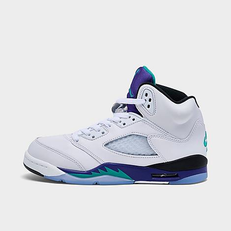 Jordan Big Kids Air Retro 5 Basketball Shoes in White/New Emerald/Grape Ice Size: 4.0
