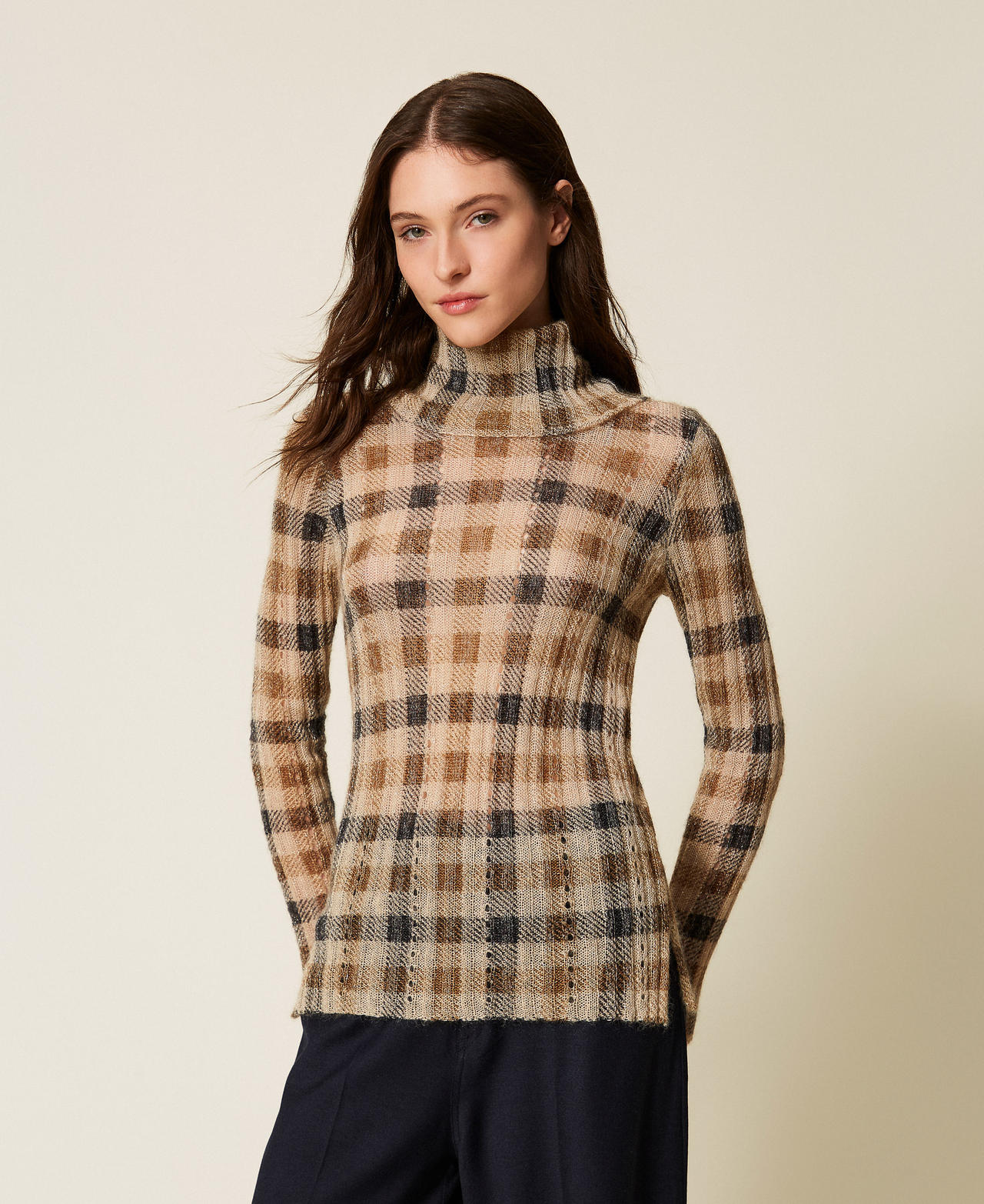 Twinset Pulls - Pull en mohair mélangé avec imprimé, Carreau Camel/Noir, À carreaux, Taille: L